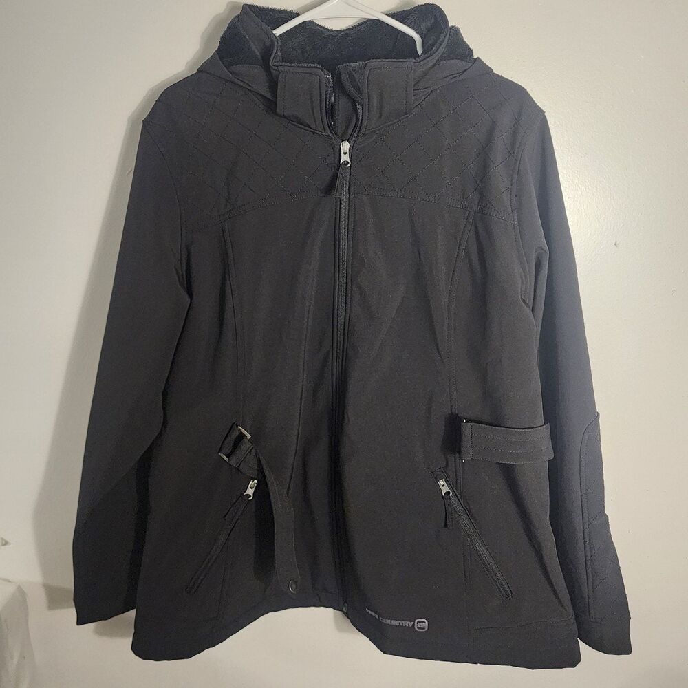 Free Country Womens Black Fleece-Lined Removable Hood Jacket Zip Pockets Sz 1x